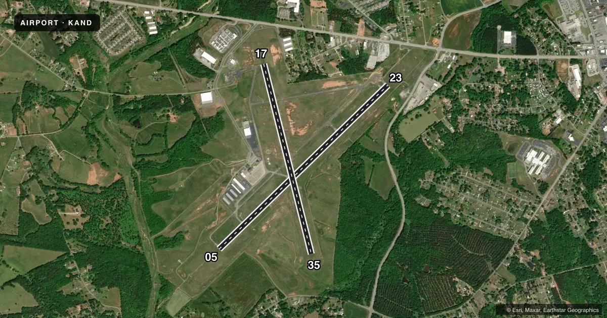 Top-down satellite sketch of KAND ANDERSON RGNL in ANDERSON, SOUTH CAROLINA, showing runways 05/23, 17/35 drawn to scale over Esri World Imagery