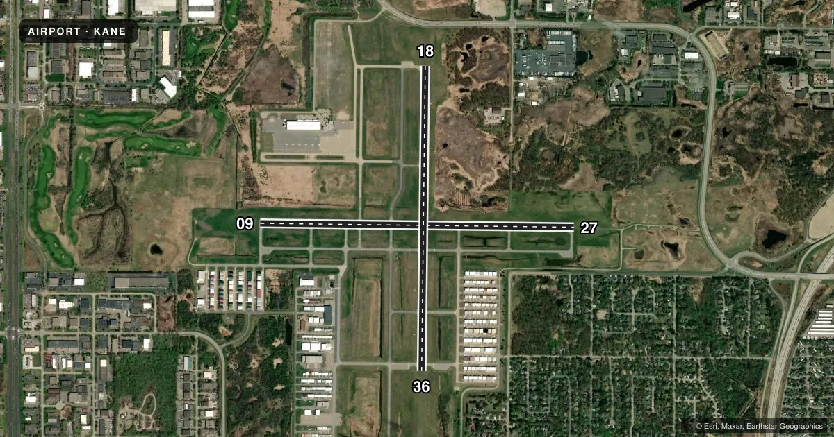 Top-down satellite sketch of KANE ANOKA COUNTY/BLAINE (JANES FLD) in MINNEAPOLIS, MINNESOTA, showing runways 09/27, 18/36 drawn to scale over Esri World Imagery
