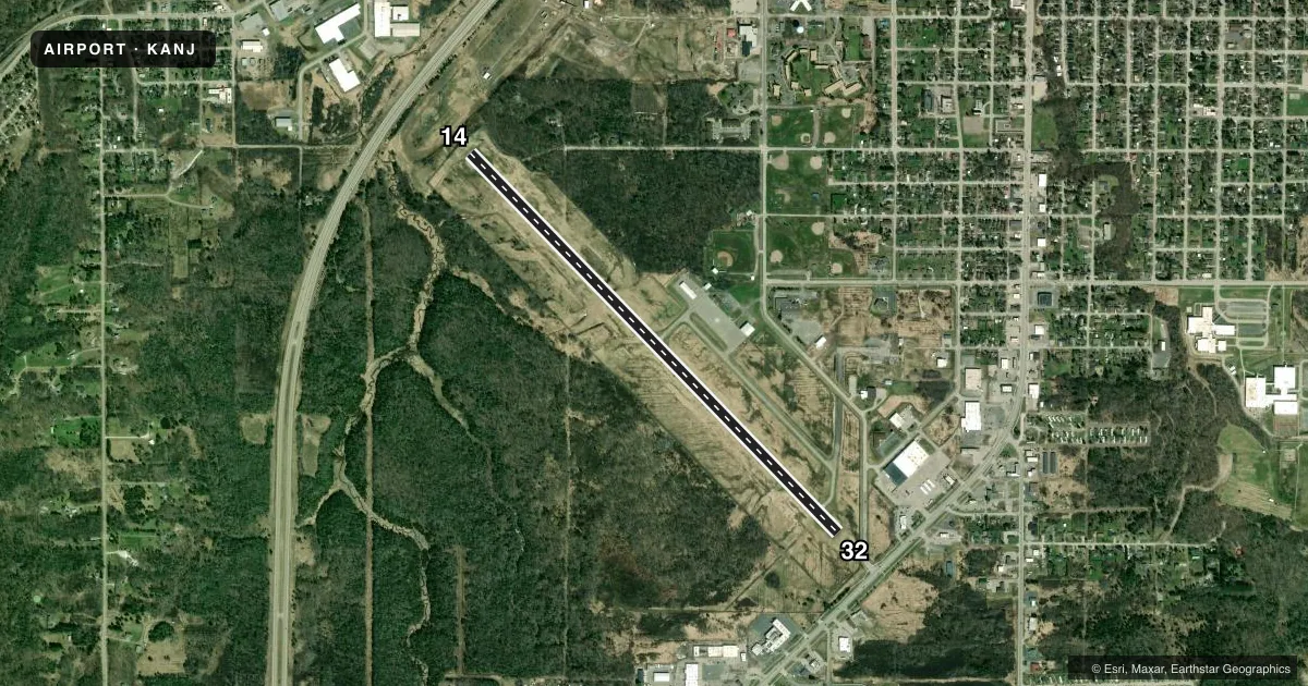 Top-down satellite sketch of KANJ SAULT STE MARIE MUNI/SANDERSON FLD in SAULT STE MARIE, MICHIGAN, showing runways 14/32 drawn to scale over Esri World Imagery