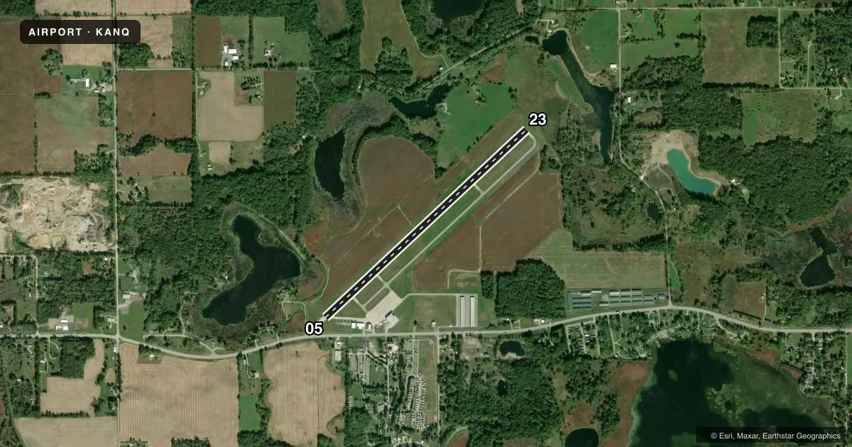Top-down satellite sketch of KANQ TRI-STATE STEUBEN COUNTY in ANGOLA, INDIANA, showing runways 05/23 drawn to scale over Esri World Imagery