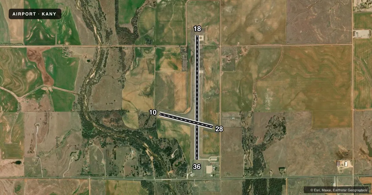 Top-down satellite sketch of KANY ANTHONY MUNI in ANTHONY, KANSAS, showing runways 18/36, 10/28 drawn to scale over Esri World Imagery