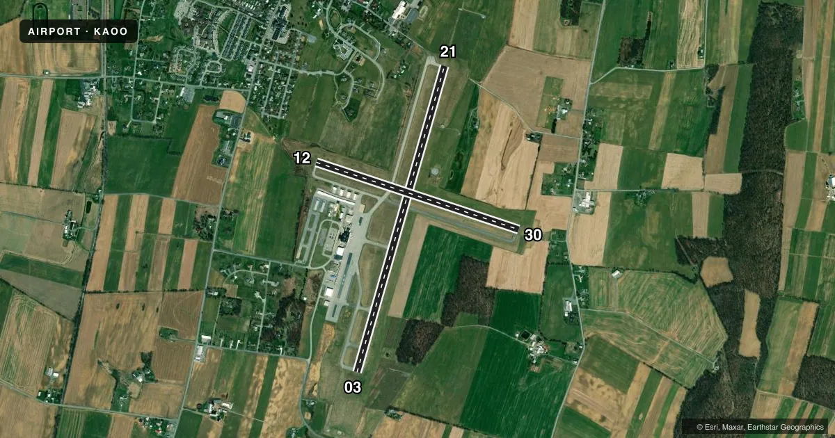 Top-down satellite sketch of KAOO ALTOONA/BLAIR COUNTY in ALTOONA, PENNSYLVANIA, showing runways 03/21, 12/30 drawn to scale over Esri World Imagery