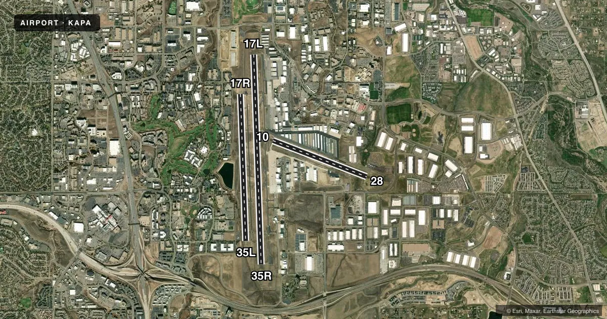 Top-down satellite sketch of KAPA CENTENNIAL in DENVER, COLORADO, showing runways 17L/35R, 17R/35L, 10/28 drawn to scale over Esri World Imagery
