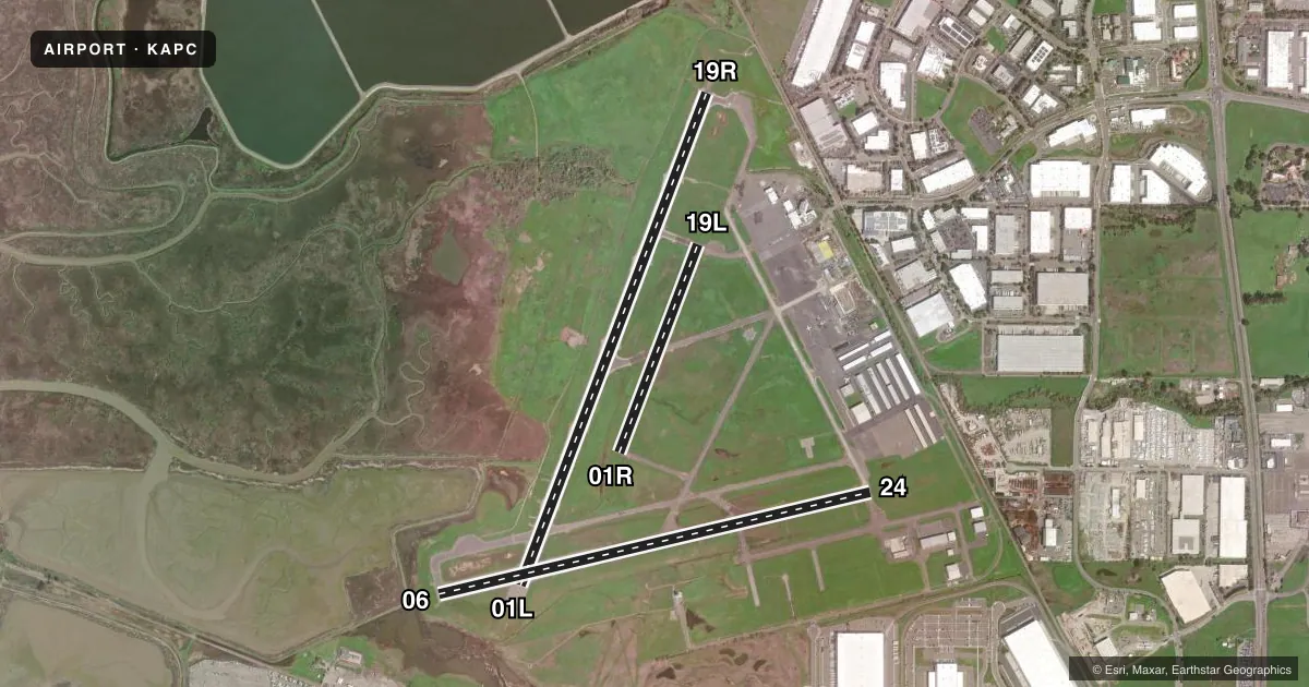 Top-down satellite sketch of KAPC NAPA COUNTY in NAPA, CALIFORNIA, showing runways 01L/19R, 06/24, 01R/19L drawn to scale over Esri World Imagery