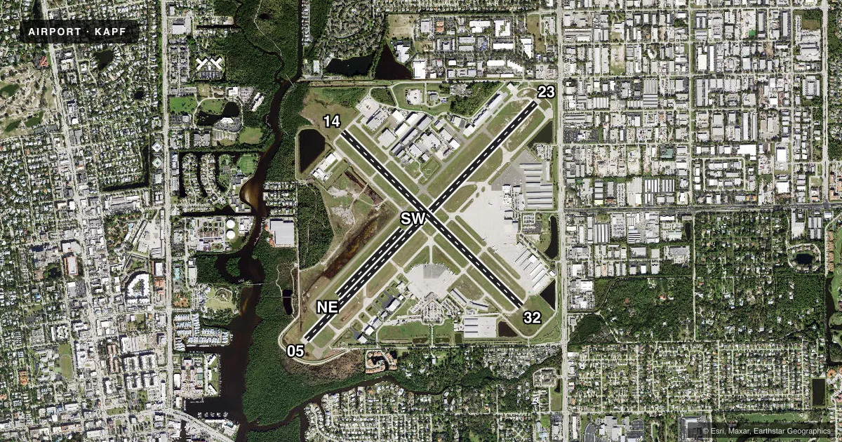 Top-down satellite sketch of KAPF NAPLES MUNI in NAPLES, FLORIDA, showing runways 05/23, 14/32, NE/SW drawn to scale over Esri World Imagery