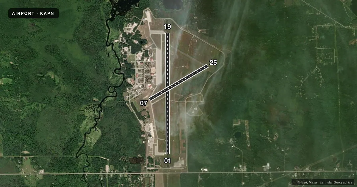Top-down satellite sketch of KAPN ALPENA COUNTY RGNL in ALPENA, MICHIGAN, showing runways 01/19, 07/25 drawn to scale over Esri World Imagery