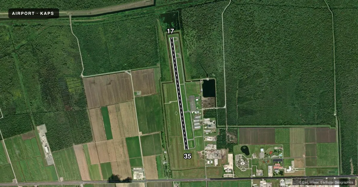 Top-down satellite sketch of KAPS PORT OF SOUTH LOUISIANA EXEC RGNL in RESERVE, LOUISIANA, showing runways 17/35 drawn to scale over Esri World Imagery