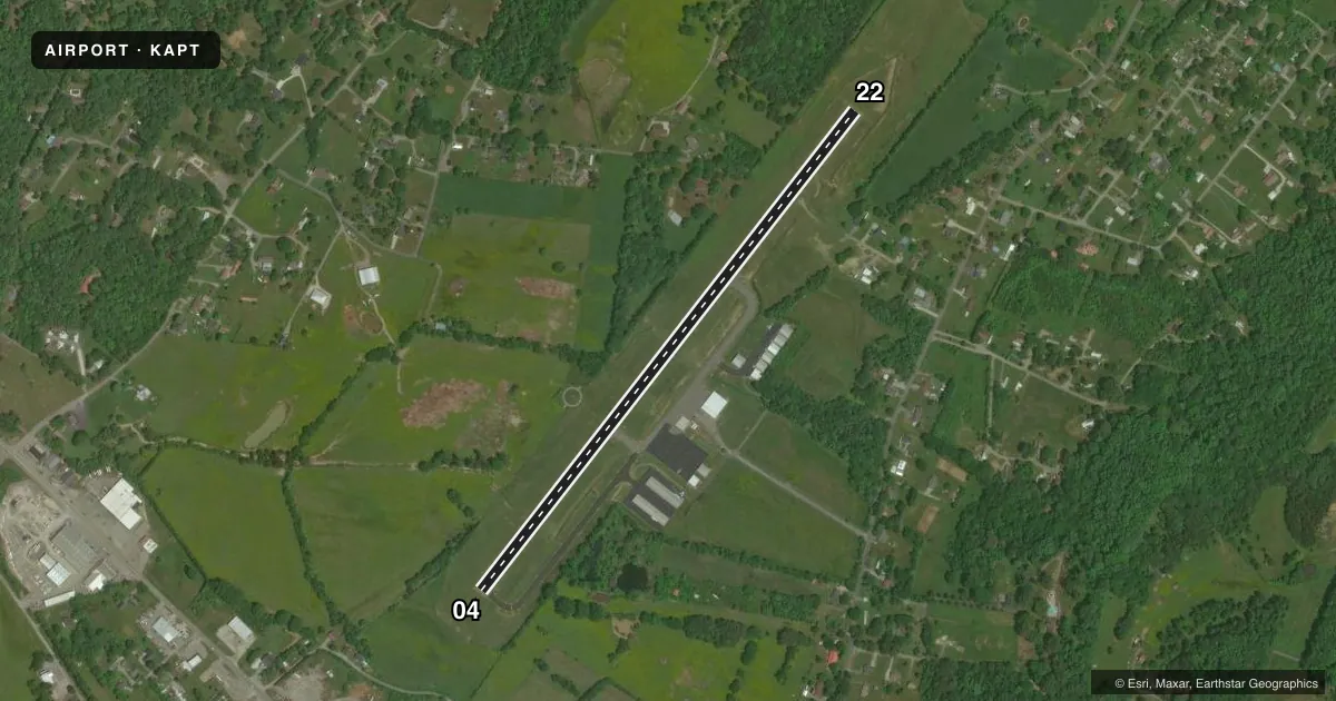 Top-down satellite sketch of KAPT MARION COUNTY/BROWN FLD in JASPER, TENNESSEE, showing runways 04/22 drawn to scale over Esri World Imagery