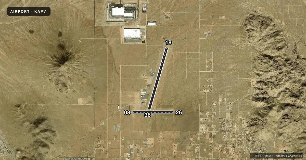 Top-down satellite sketch of KAPV APPLE VALLEY in APPLE VALLEY, CALIFORNIA, showing runways 18/36, 08/26 drawn to scale over Esri World Imagery