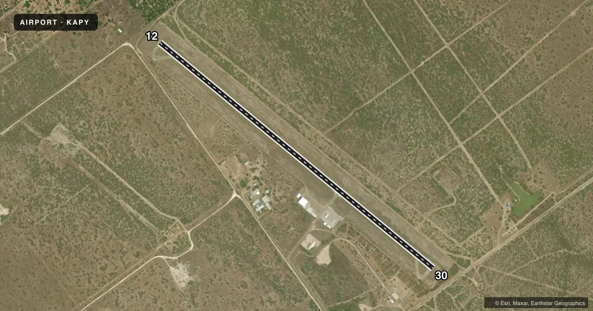 Top-down satellite sketch of KAPY ZAPATA COUNTY in ZAPATA, TEXAS, showing runways 12/30 drawn to scale over Esri World Imagery