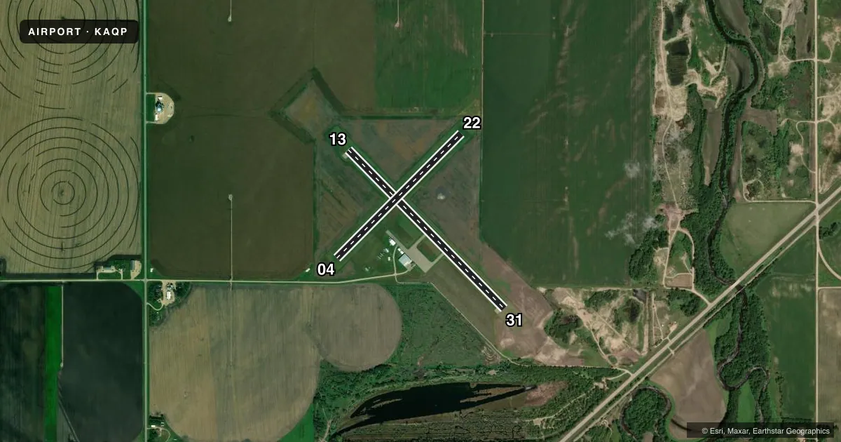 Top-down satellite sketch of KAQP APPLETON MUNI in APPLETON, MINNESOTA, showing runways 13/31, 04/22 drawn to scale over Esri World Imagery