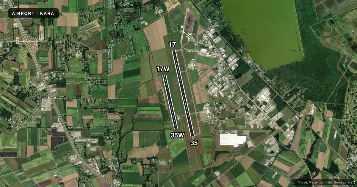 Top-down satellite sketch of KARA ACADIANA RGNL in NEW IBERIA, LOUISIANA, showing runways 17/35, 17W/35W drawn to scale over Esri World Imagery