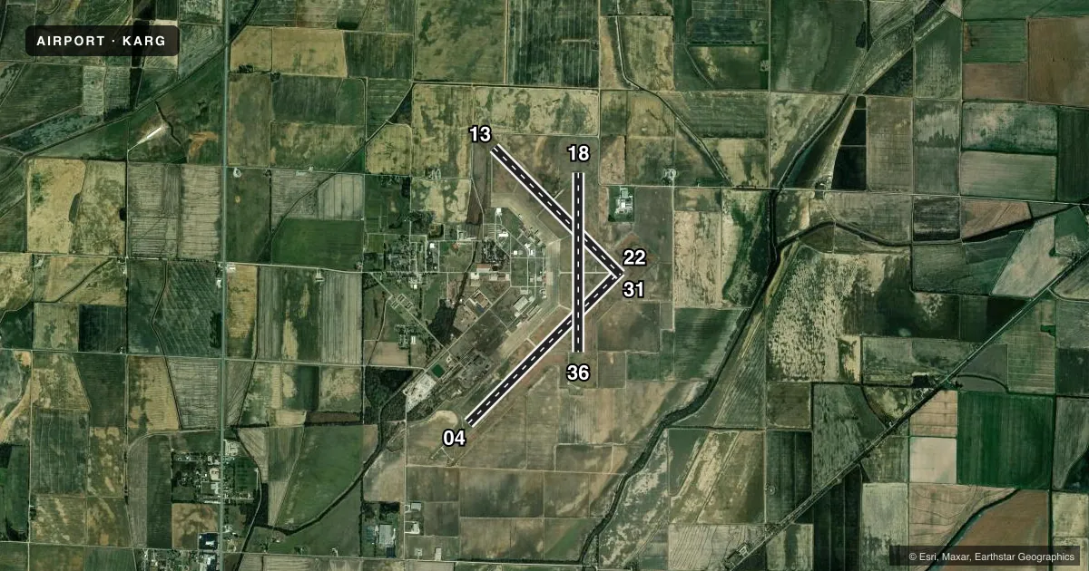 Top-down satellite sketch of KARG WALNUT RIDGE RGNL in WALNUT RIDGE, ARKANSAS, showing runways 04/22, 13/31, 18/36 drawn to scale over Esri World Imagery
