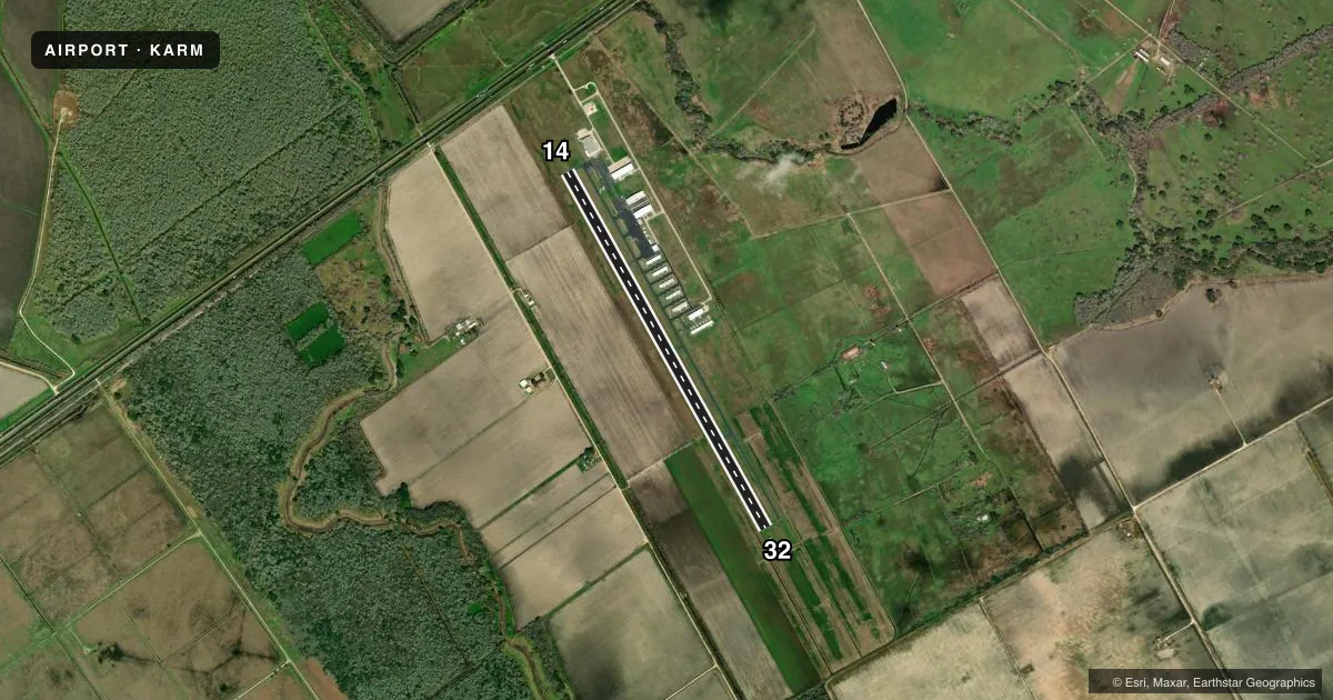 Top-down satellite sketch of KARM WHARTON RGNL in WHARTON, TEXAS, showing runways 14/32 drawn to scale over Esri World Imagery