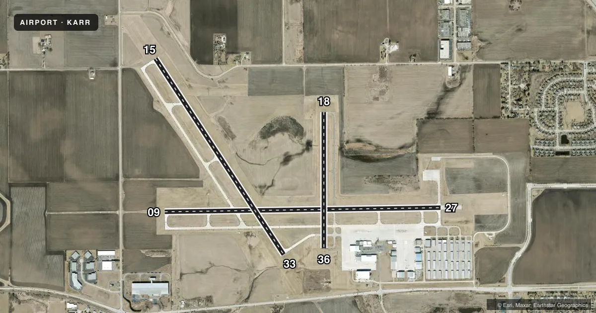 Top-down satellite sketch of KARR AURORA MUNI in CHICAGO/AURORA, ILLINOIS, showing runways 09/27, 15/33, 18/36 drawn to scale over Esri World Imagery