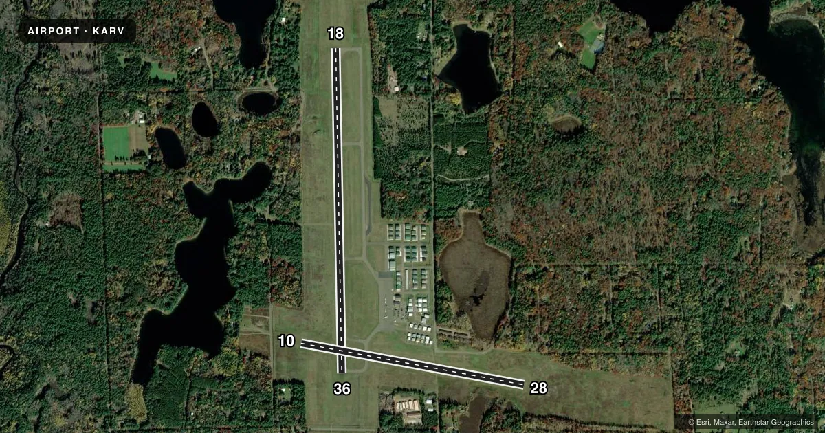 Top-down satellite sketch of KARV LAKELAND/NOBLE F LEE MEML FLD in MINOCQUA-WOODRUFF, WISCONSIN, showing runways 18/36, 10/28 drawn to scale over Esri World Imagery