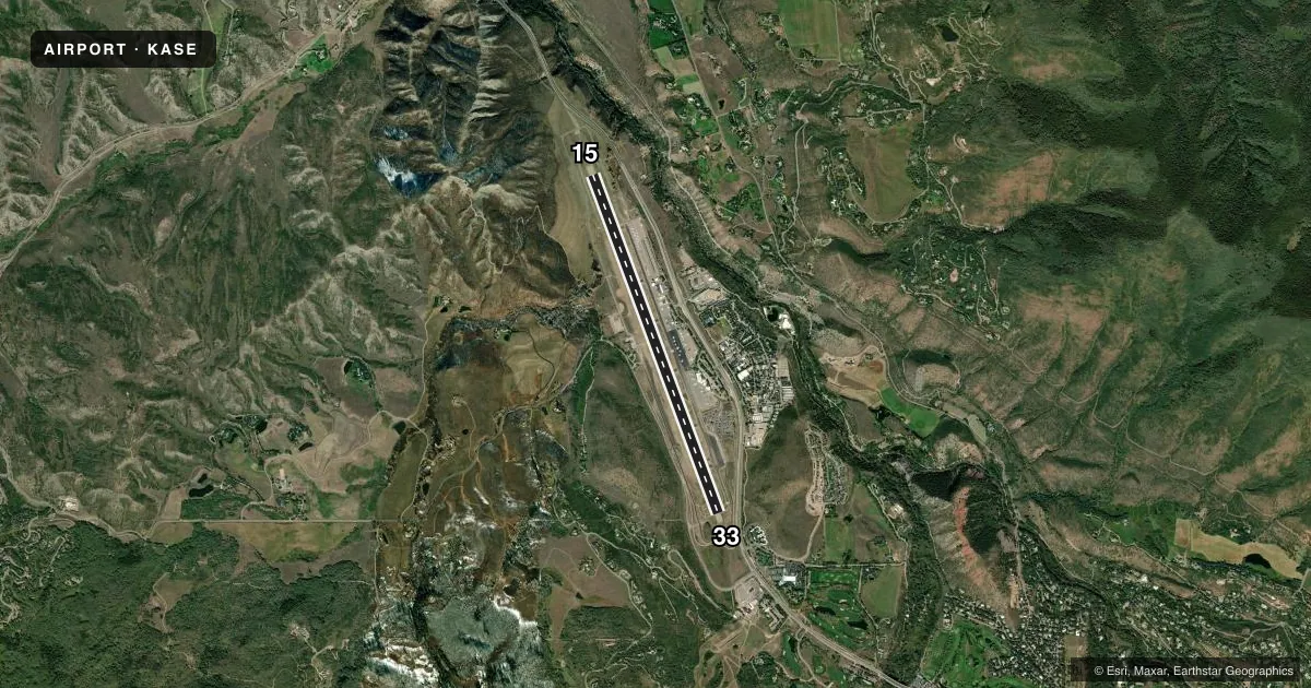 Top-down satellite sketch of KASE ASPEN-PITKIN COUNTY/SARDY FLD in ASPEN, COLORADO, showing runways 15/33 drawn to scale over Esri World Imagery