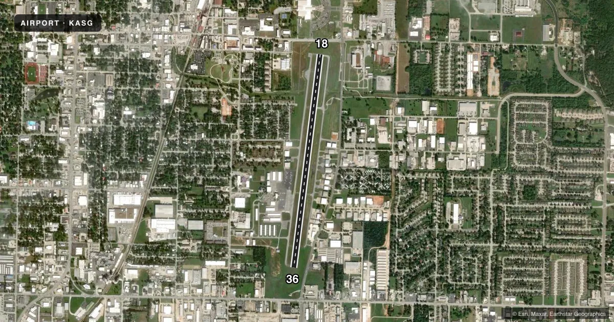 Top-down satellite sketch of KASG SPRINGDALE MUNI in SPRINGDALE, ARKANSAS, showing runways 18/36 drawn to scale over Esri World Imagery