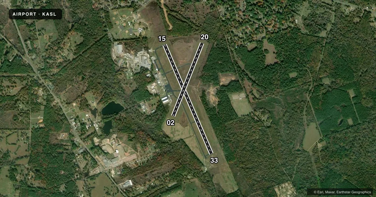 Top-down satellite sketch of KASL HARRISON COUNTY in MARSHALL, TEXAS, showing runways 15/33, 02/20 drawn to scale over Esri World Imagery
