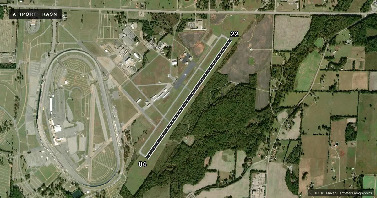Top-down satellite sketch of KASN TALLADEGA MUNI in TALLADEGA, ALABAMA, showing runways 04/22 drawn to scale over Esri World Imagery