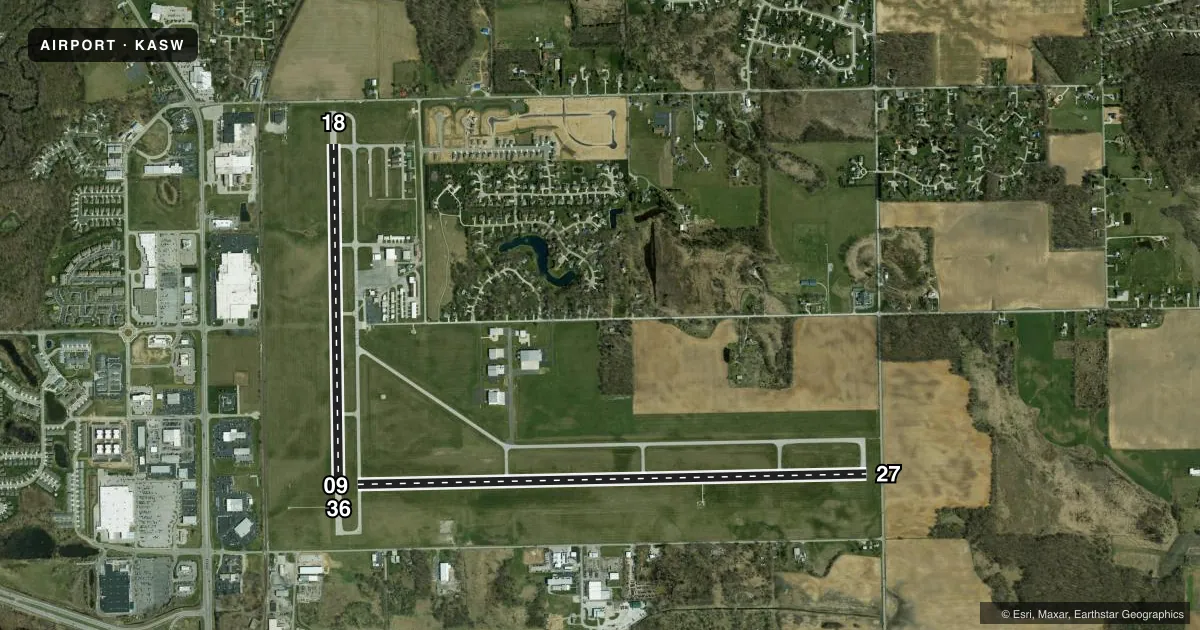 Top-down satellite sketch of KASW WARSAW MUNI in WARSAW, INDIANA, showing runways 09/27, 18/36 drawn to scale over Esri World Imagery