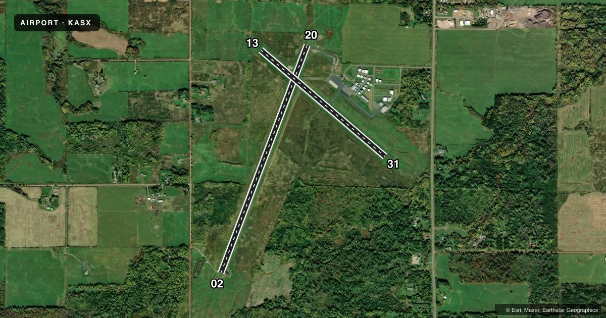 Top-down satellite sketch of KASX JOHN F KENNEDY MEML in ASHLAND, WISCONSIN, showing runways 02/20, 13/31 drawn to scale over Esri World Imagery