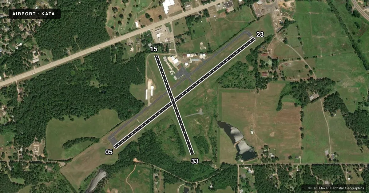 Top-down satellite sketch of KATA HALL-MILLER MUNI in ATLANTA, TEXAS, showing runways 05/23, 15/33 drawn to scale over Esri World Imagery