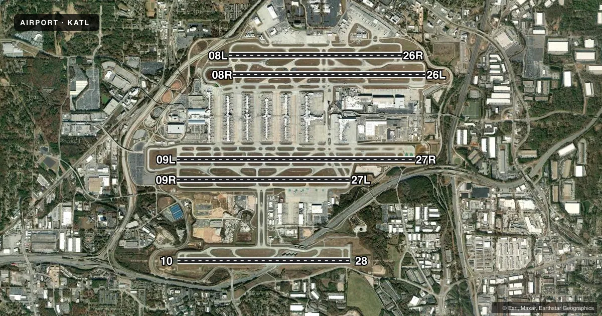 Top-down satellite sketch of KATL HARTSFIELD/JACKSON ATLANTA INTL in ATLANTA, GEORGIA, showing runways 09L/27R, 08R/26L, 08L/26R, 09R/27L, 10/28 drawn to scale over Esri World Imagery