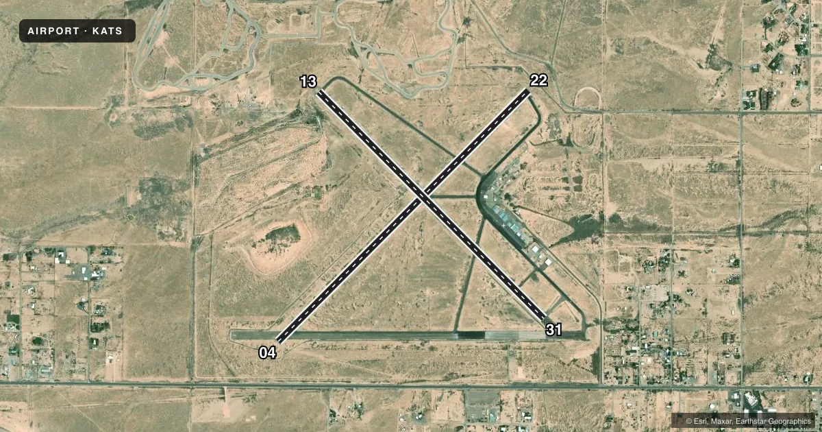 Top-down satellite sketch of KATS ARTESIA MUNI in ARTESIA, NEW MEXICO, showing runways 04/22, 13/31 drawn to scale over Esri World Imagery