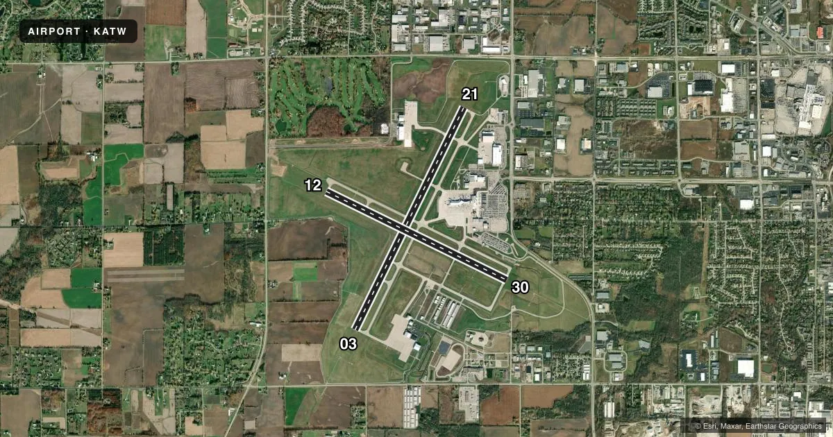 Top-down satellite sketch of KATW APPLETON INTL in APPLETON, WISCONSIN, showing runways 03/21, 12/30 drawn to scale over Esri World Imagery