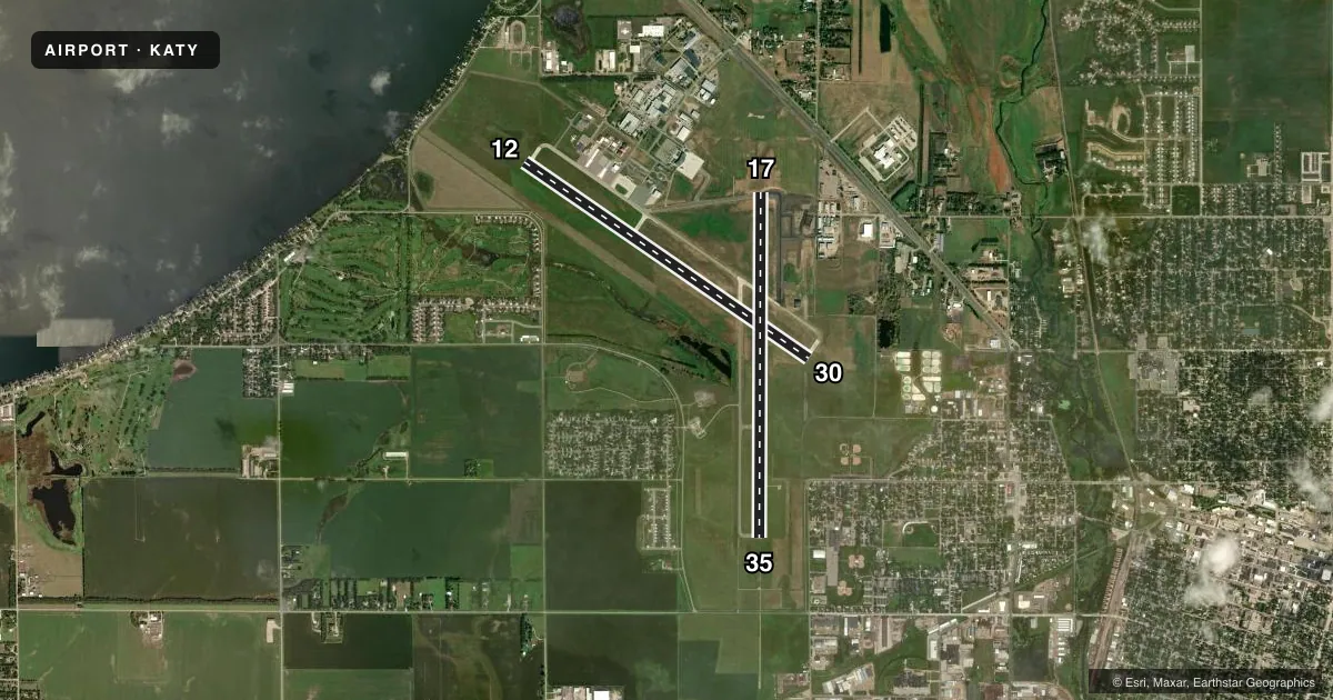 Top-down satellite sketch of KATY WATERTOWN RGNL in WATERTOWN, SOUTH DAKOTA, showing runways 12/30, 17/35 drawn to scale over Esri World Imagery