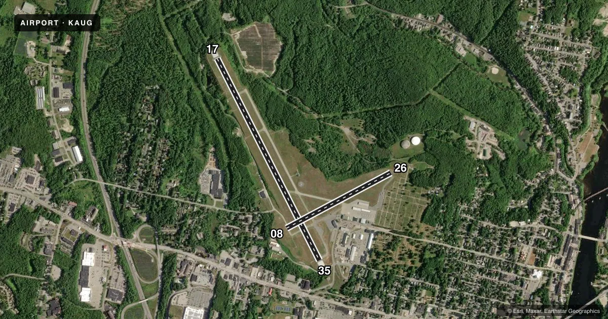 Top-down satellite sketch of KAUG AUGUSTA STATE in AUGUSTA, MAINE, showing runways 17/35, 08/26 drawn to scale over Esri World Imagery
