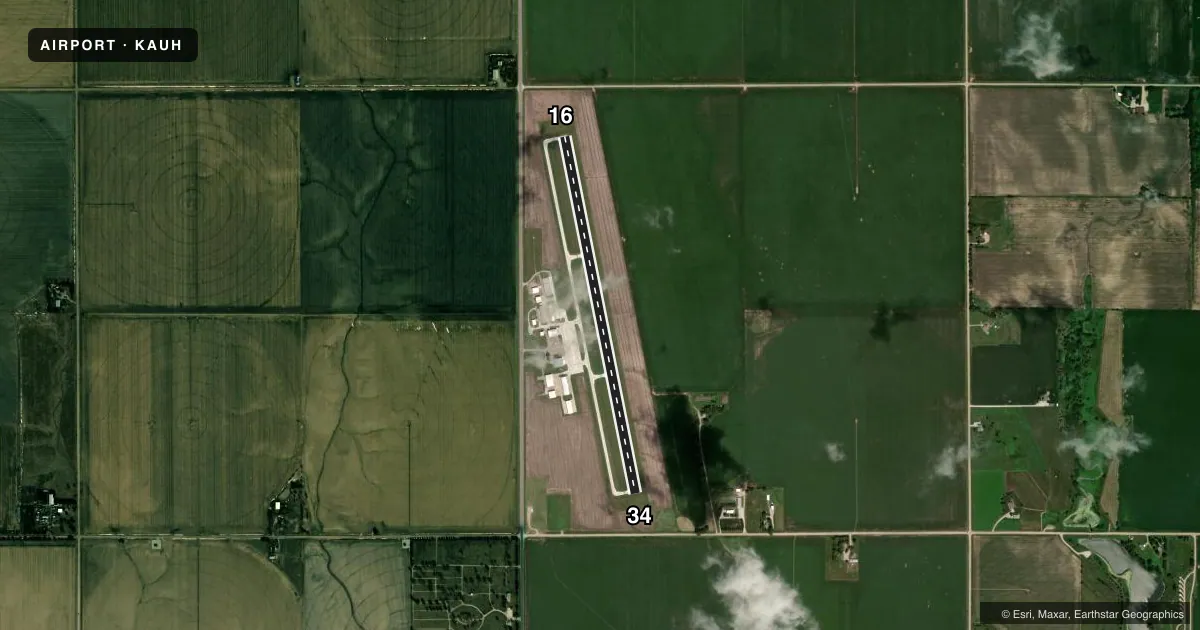 Top-down satellite sketch of KAUH AURORA MUNI/AL POTTER FLD in AURORA, NEBRASKA, showing runways 16/34 drawn to scale over Esri World Imagery