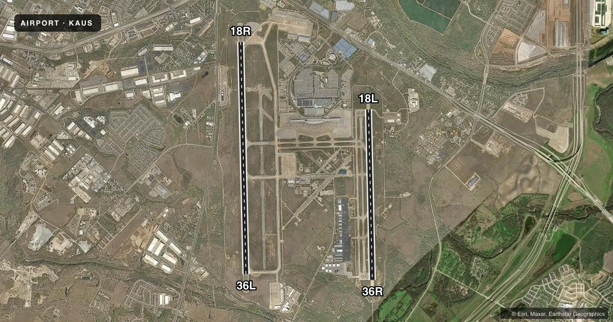 Top-down satellite sketch of KAUS AUSTIN-BERGSTROM INTL in AUSTIN, TEXAS, showing runways 18R/36L, 18L/36R drawn to scale over Esri World Imagery