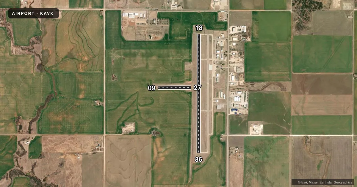 Top-down satellite sketch of KAVK ALVA RGNL in ALVA, OKLAHOMA, showing runways 18/36, 09/27 drawn to scale over Esri World Imagery
