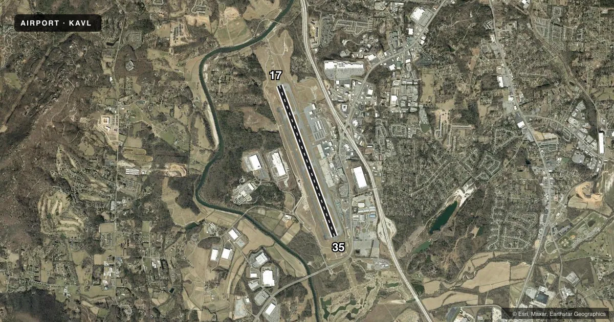 Top-down satellite sketch of KAVL ASHEVILLE RGNL in ASHEVILLE, NORTH CAROLINA, showing runways 17/35 drawn to scale over Esri World Imagery