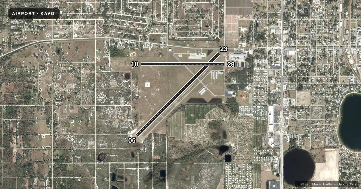 Top-down satellite sketch of KAVO AVON PARK EXEC in AVON PARK, FLORIDA, showing runways 05/23, 10/28 drawn to scale over Esri World Imagery