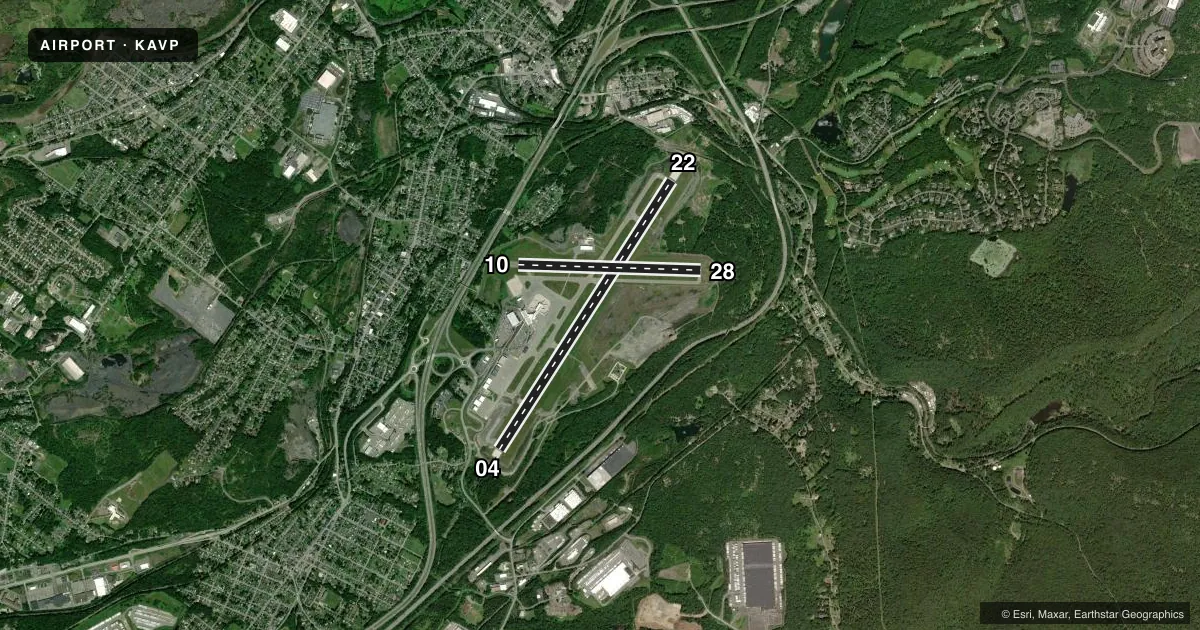Top-down satellite sketch of KAVP WILKES-BARRE/SCRANTON INTL in WILKES-BARRE/SCRANTON, PENNSYLVANIA, showing runways 04/22, 10/28 drawn to scale over Esri World Imagery