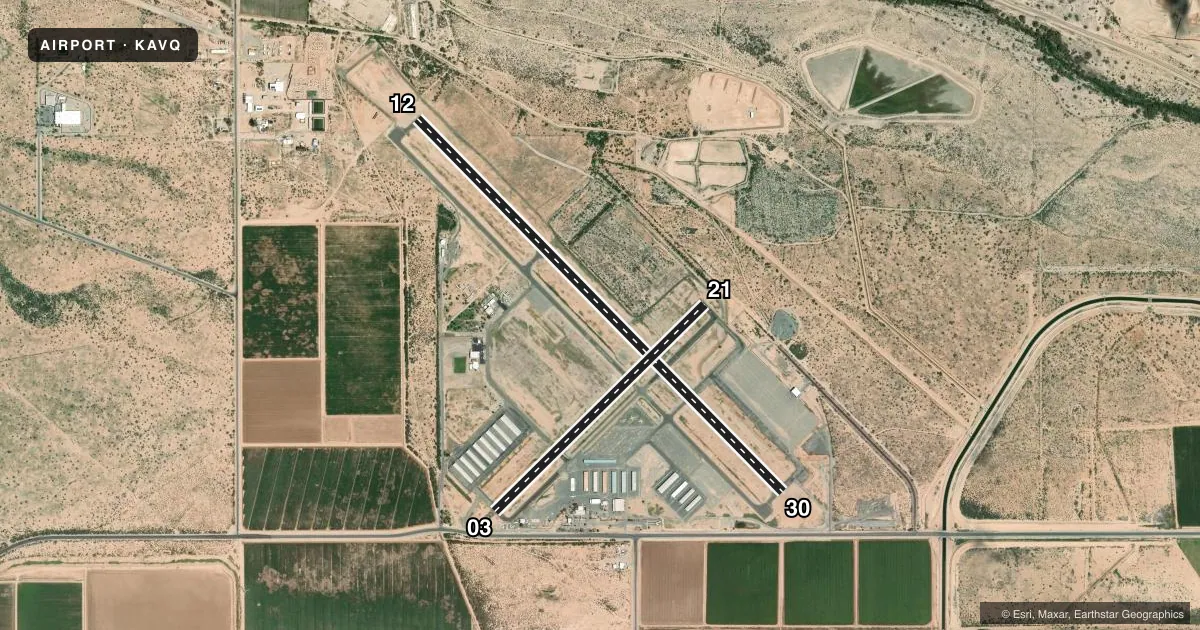 Top-down satellite sketch of KAVQ MARANA RGNL in MARANA, ARIZONA, showing runways 12/30, 03/21 drawn to scale over Esri World Imagery