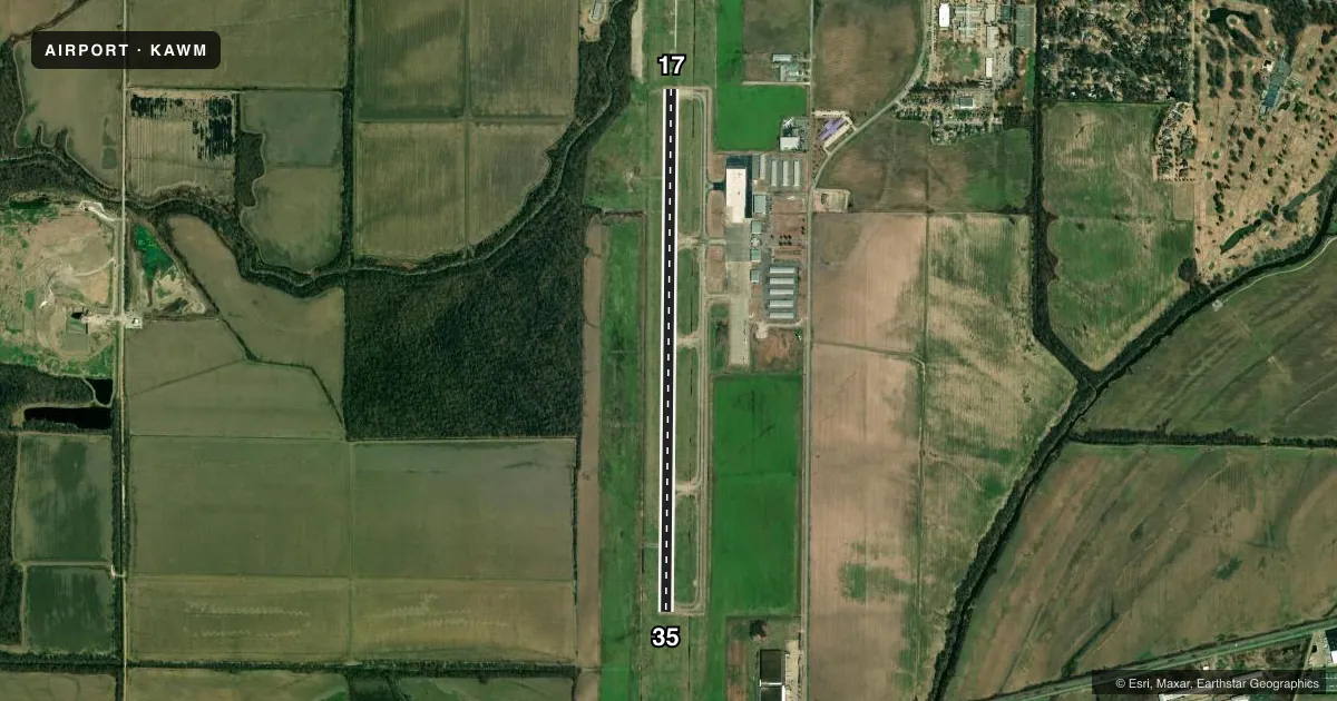 Top-down satellite sketch of KAWM WEST MEMPHIS MUNI in WEST MEMPHIS, ARKANSAS, showing runways 17/35 drawn to scale over Esri World Imagery