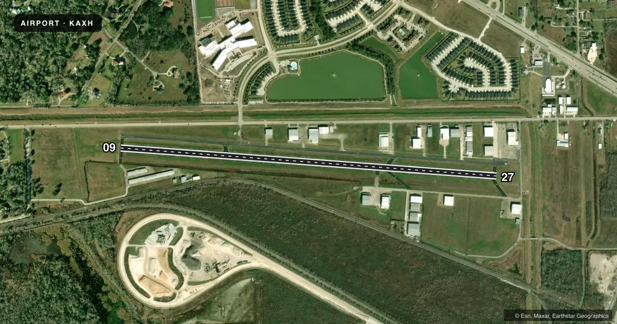 Top-down satellite sketch of KAXH HOUSTON/SOUTHWEST in HOUSTON, TEXAS, showing runways 09/27 drawn to scale over Esri World Imagery