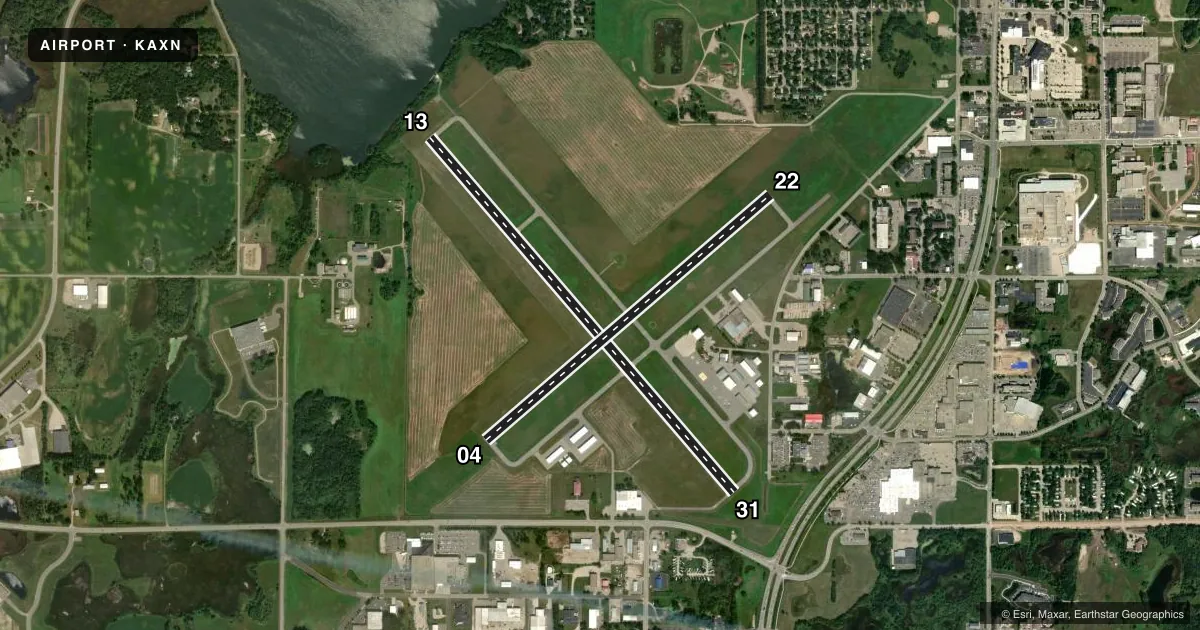 Top-down satellite sketch of KAXN ALEXANDRIA RGNL/CHANDLER FLD in ALEXANDRIA, MINNESOTA, showing runways 13/31, 04/22 drawn to scale over Esri World Imagery