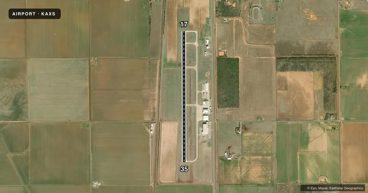 Top-down satellite sketch of KAXS ALTUS/QUARTZ MOUNTAIN RGNL in ALTUS, OKLAHOMA, showing runways 17/35 drawn to scale over Esri World Imagery