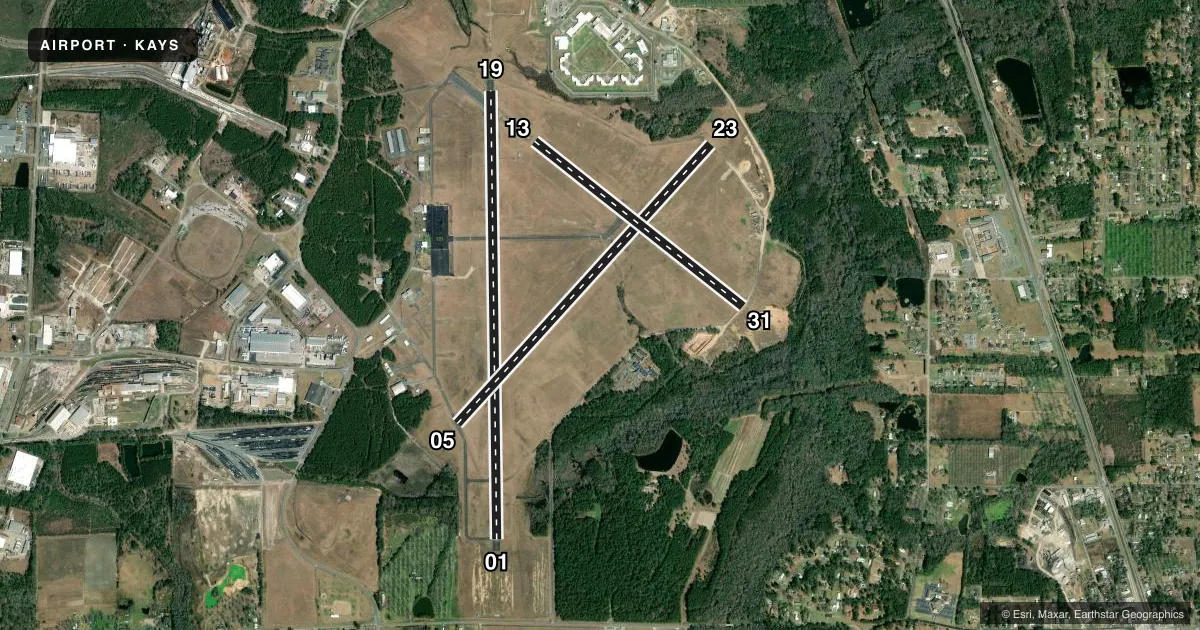 Top-down satellite sketch of KAYS WAYCROSS-WARE COUNTY in WAYCROSS, GEORGIA, showing runways 01/19, 05/23, 13/31 drawn to scale over Esri World Imagery