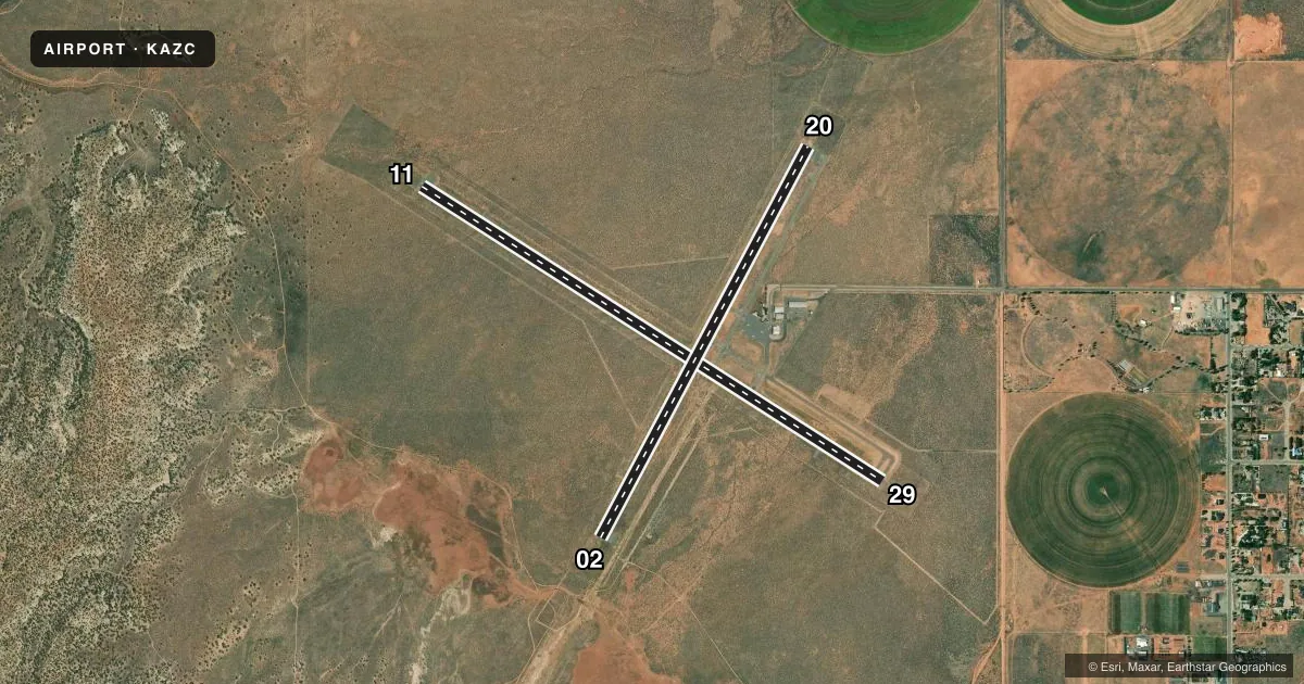 Top-down satellite sketch of KAZC COLORADO CITY MUNI in COLORADO CITY, ARIZONA, showing runways 11/29, 02/20 drawn to scale over Esri World Imagery