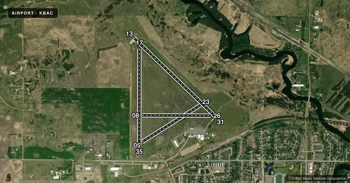 Top-down satellite sketch of KBAC BARNES COUNTY MUNI in VALLEY CITY, NORTH DAKOTA, showing runways 13/31, 17/35, 05/23, 08/26 drawn to scale over Esri World Imagery