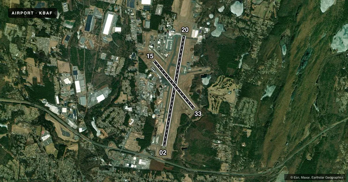 Top-down satellite sketch of KBAF WESTFIELD-BARNES RGNL in WESTFIELD/SPRINGFIELD, MASSACHUSETTS, showing runways 02/20, 15/33 drawn to scale over Esri World Imagery