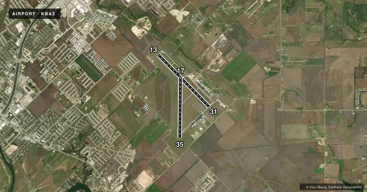 Top-down satellite sketch of KBAZ NEW BRAUNFELS NTL in NEW BRAUNFELS, TEXAS, showing runways 13/31, 17/35 drawn to scale over Esri World Imagery