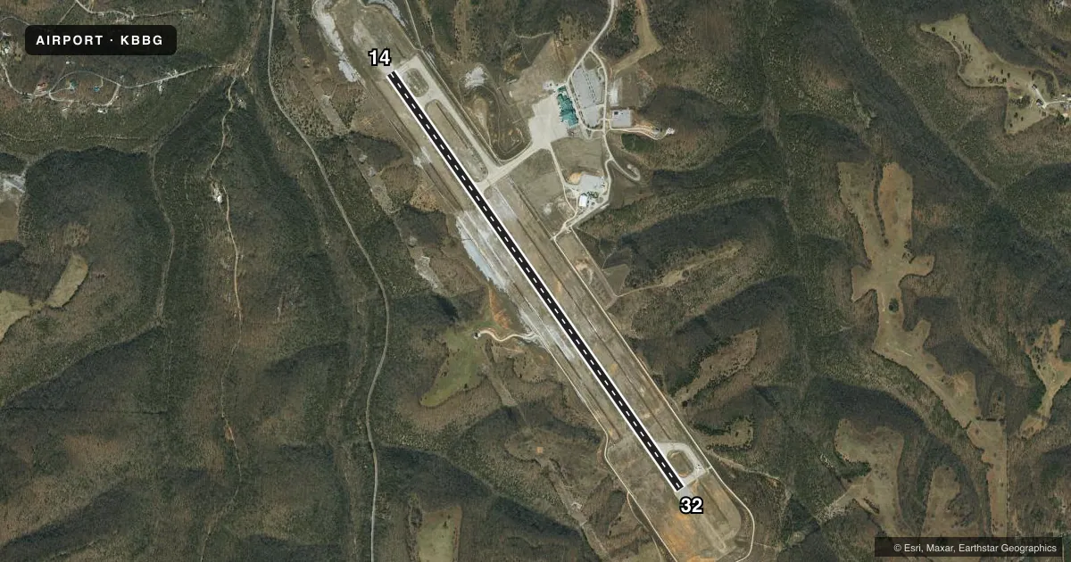 Top-down satellite sketch of KBBG BRANSON in BRANSON, MISSOURI, showing runways 14/32 drawn to scale over Esri World Imagery