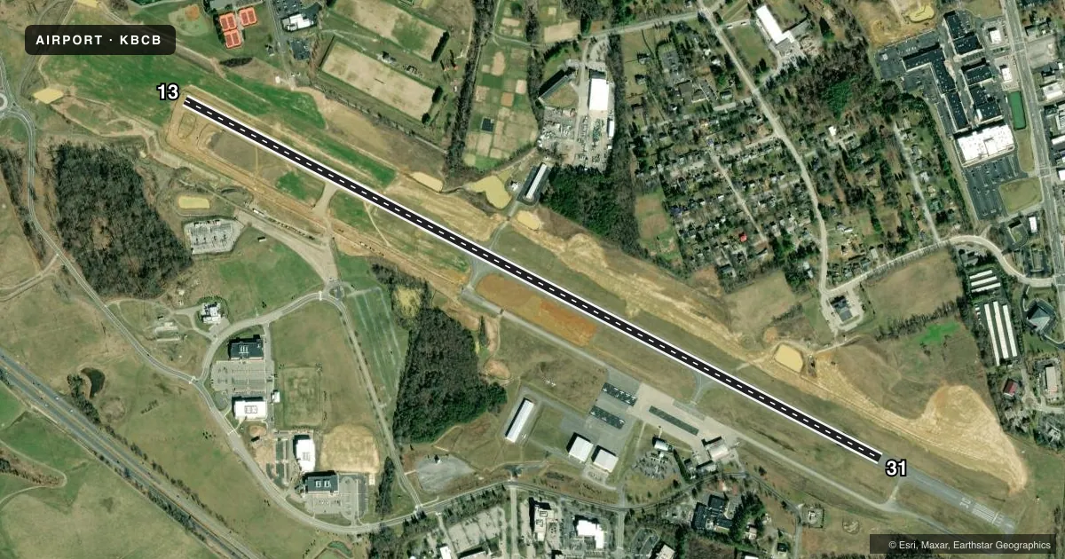 Top-down satellite sketch of KBCB VIRGINIA TECH/MONTGOMERY EXEC in BLACKSBURG, VIRGINIA, showing runways 13/31 drawn to scale over Esri World Imagery